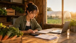 経理を行う女性農家