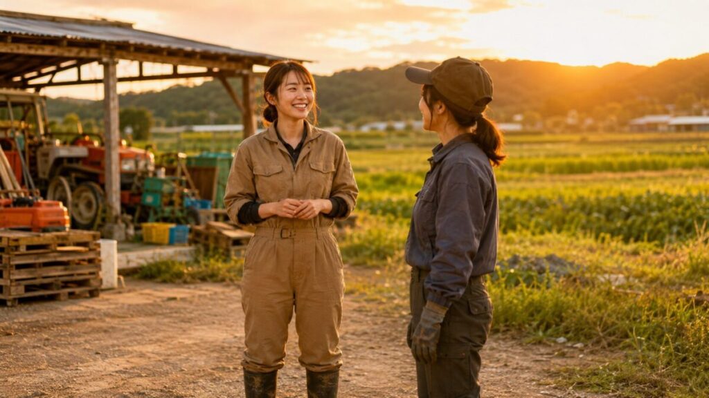 夕暮れの農場での会話