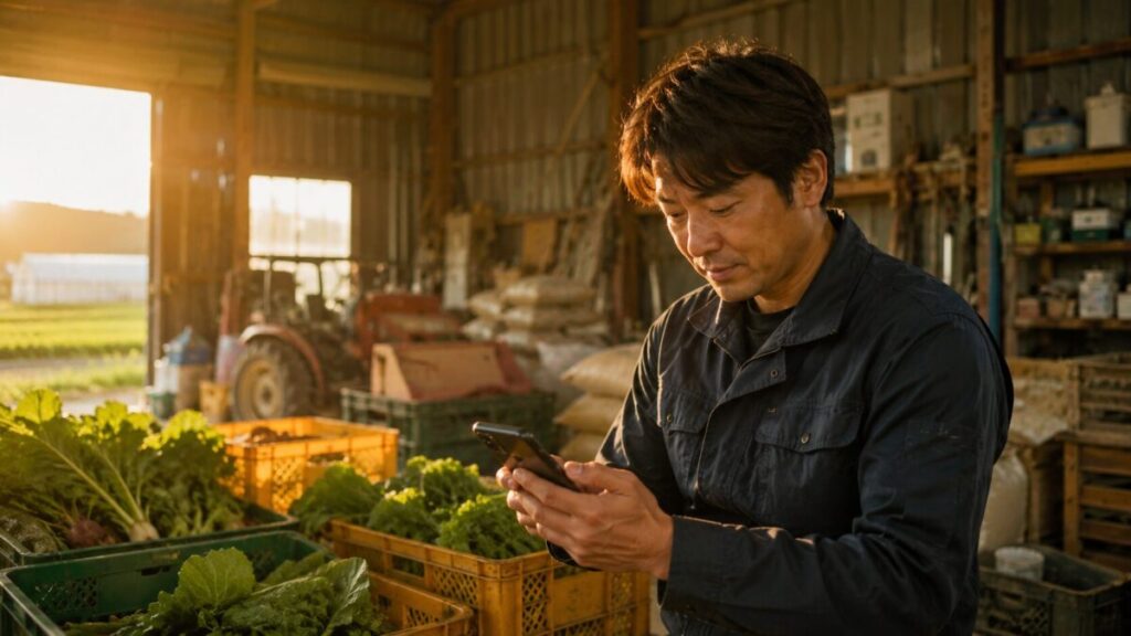 農場の倉庫でスマホを操作する男性