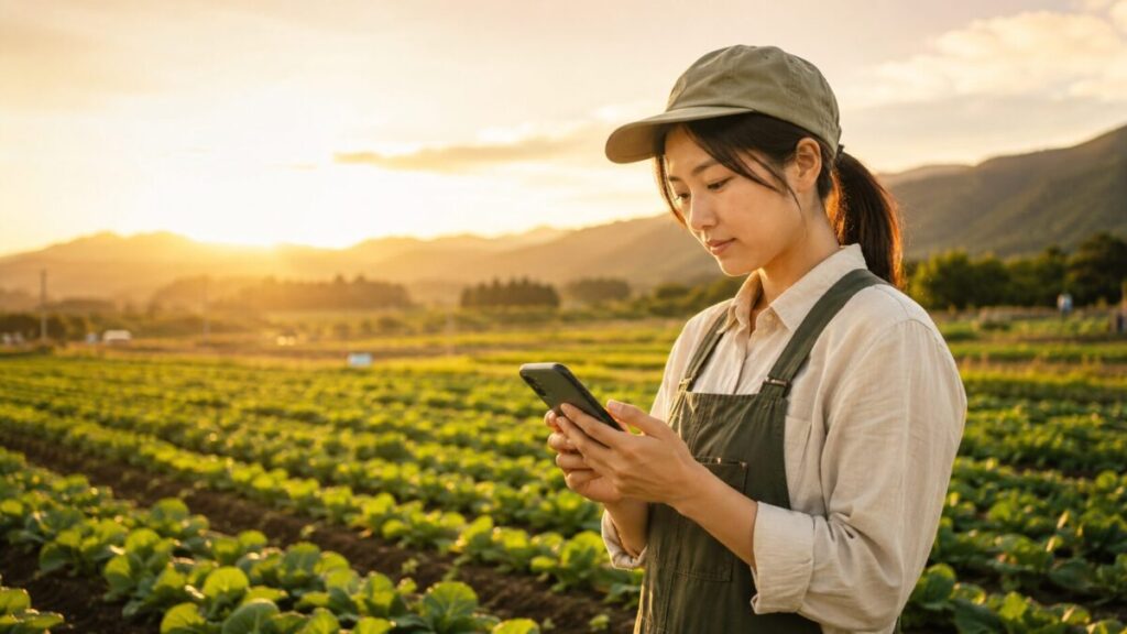 夕暮れの農場でスマホを使う女性