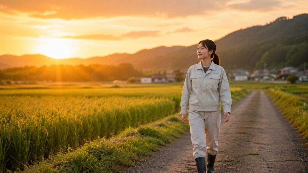 夕暮れの農道を歩く女性