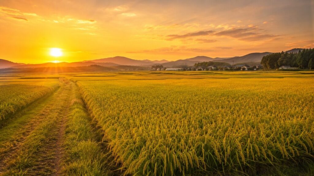 黄金色の田んぼと静かな夕日