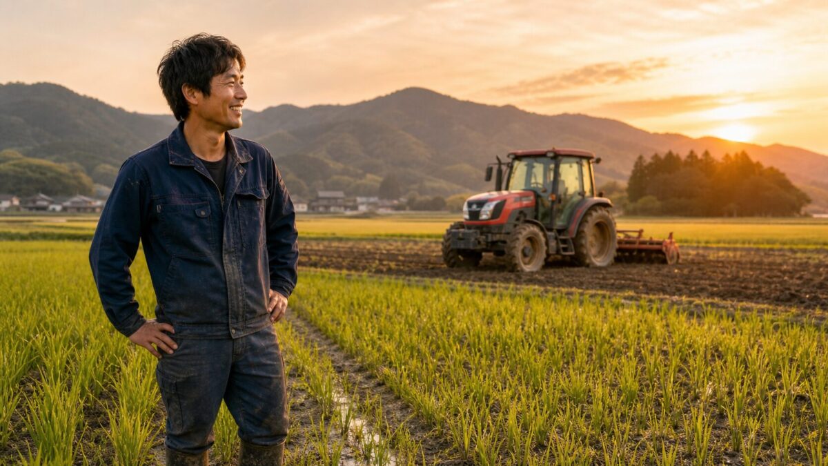 トラクターを眺める男性