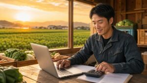 パソコンと電卓を使いながら会計業務をする30代男性農家