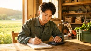 温かな作業場と集中する男性