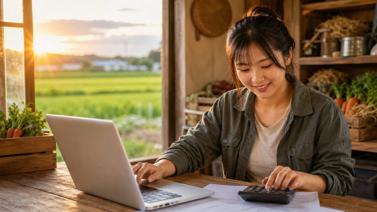 パソコンと電卓を使いながら会計業務をする20代女性農家