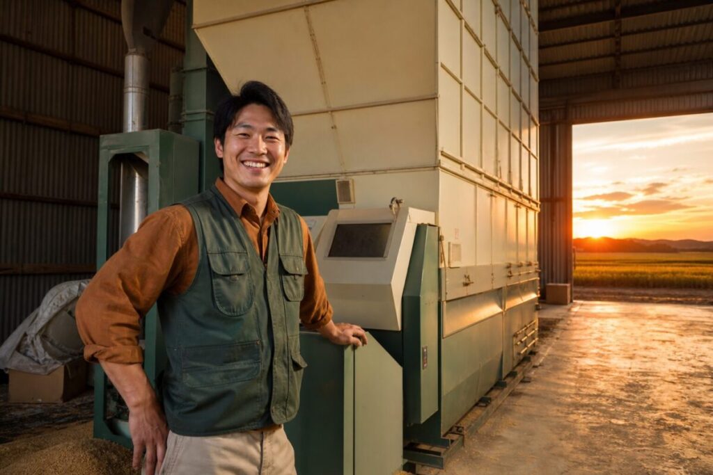 農業用倉庫にいる男性農家